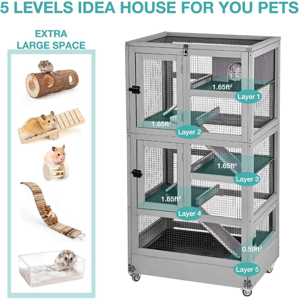 5 Levels Wooden Cage with Wheels