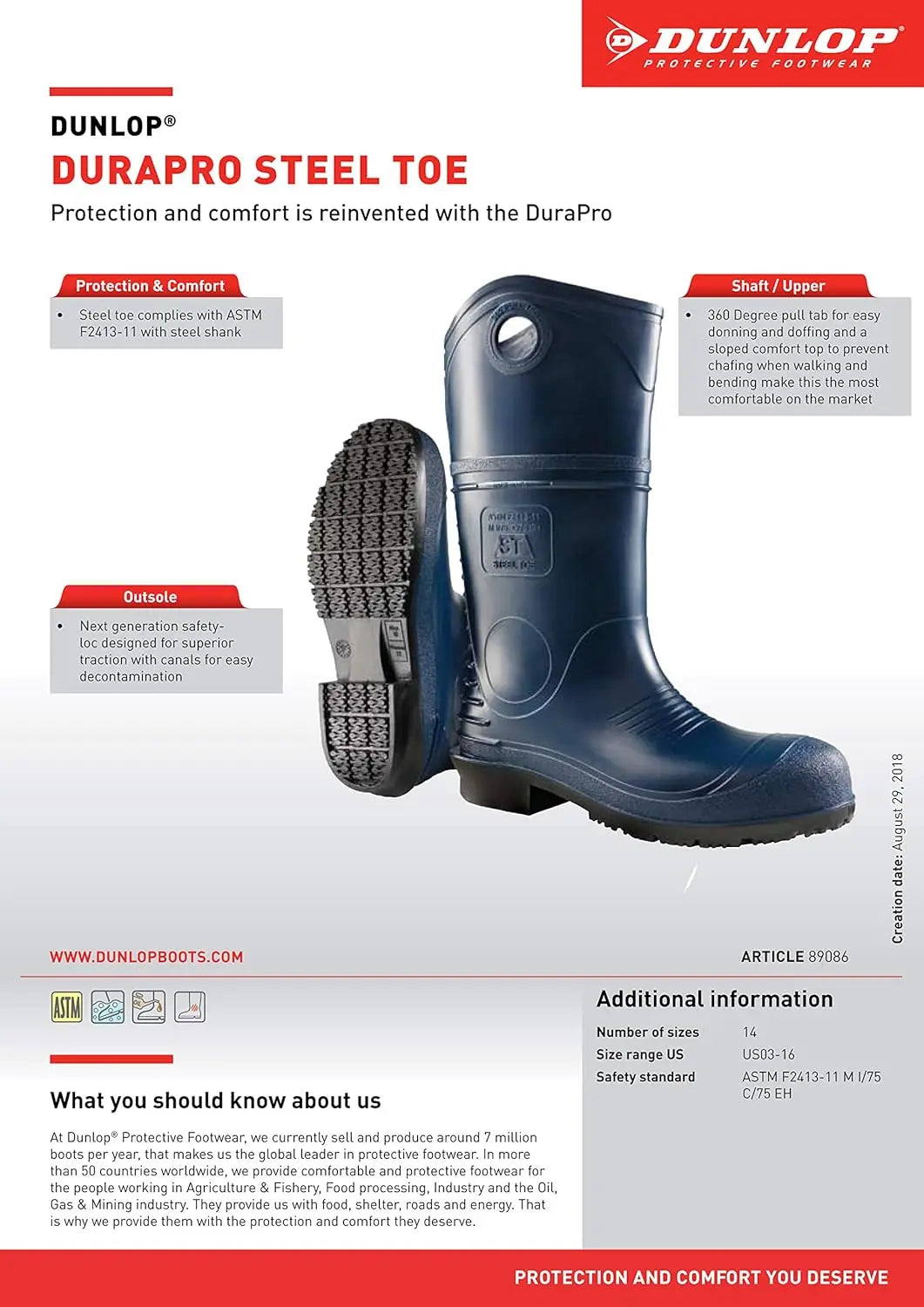 Protective Footwear, Durapro Steel Toe, 100% Waterproof Polyblend PVC Material, Comfortable DURAPRO Size 13 US