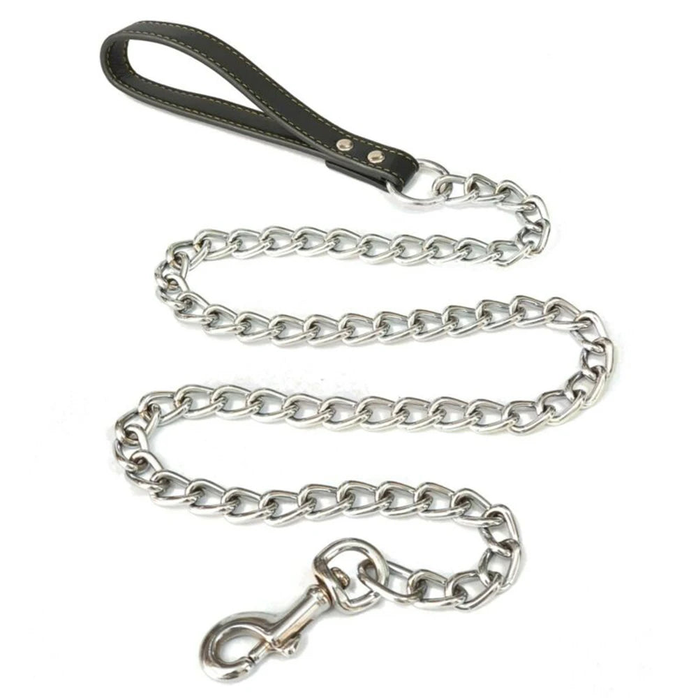 Metal Chain Dog Lead With Leather Style Handle