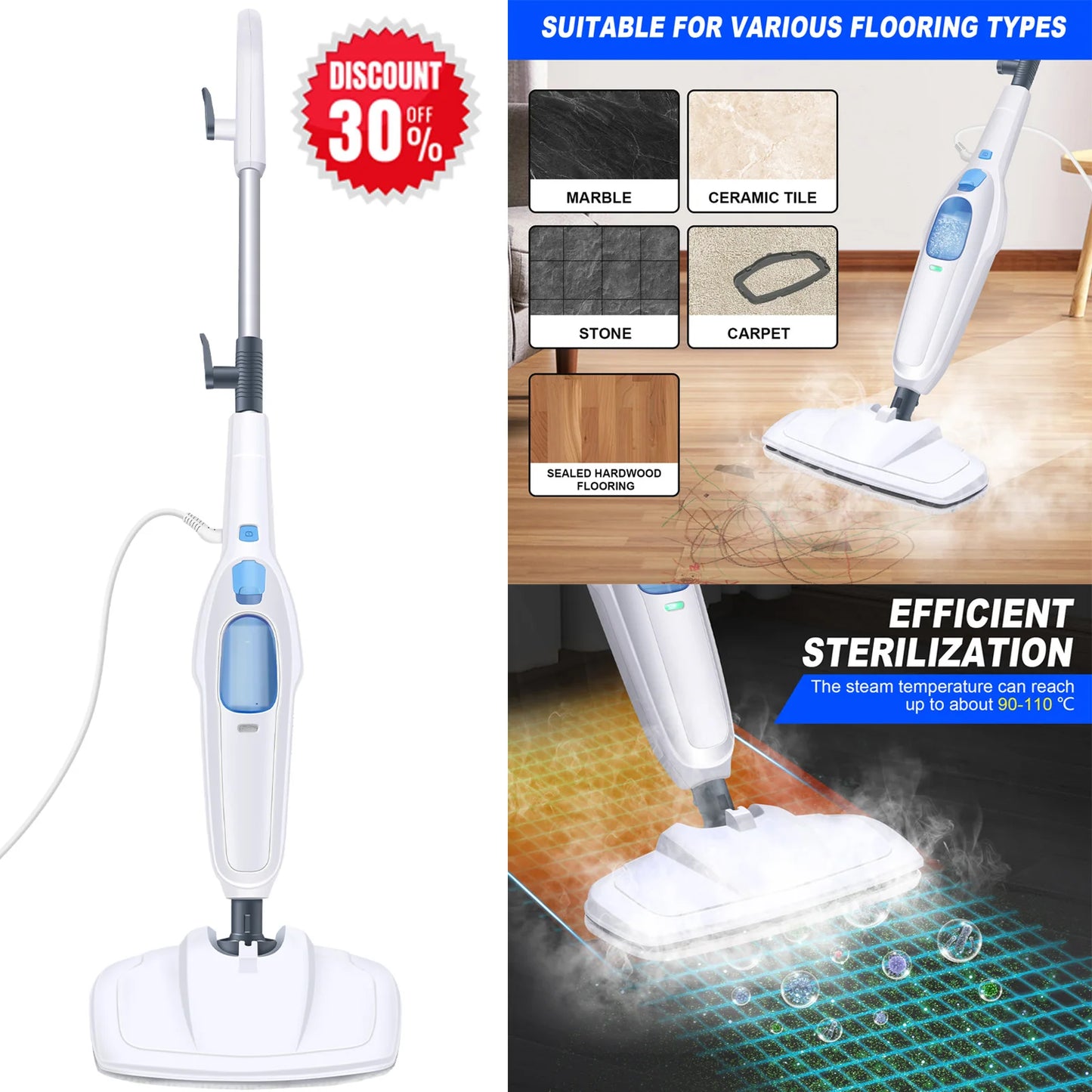 Steam Mop & Detachable Steam Cleaner,