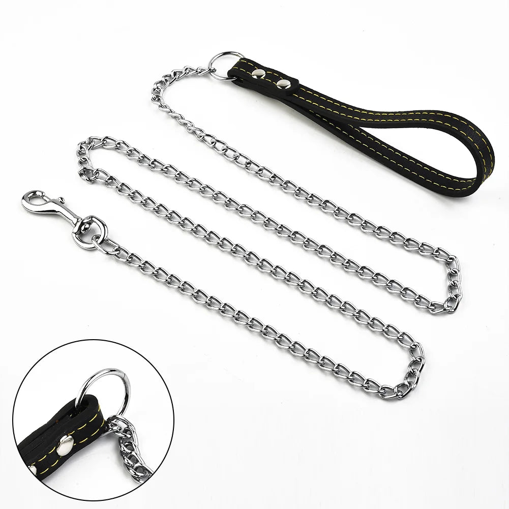 Metal Chain Dog Lead With Leather Style Handle